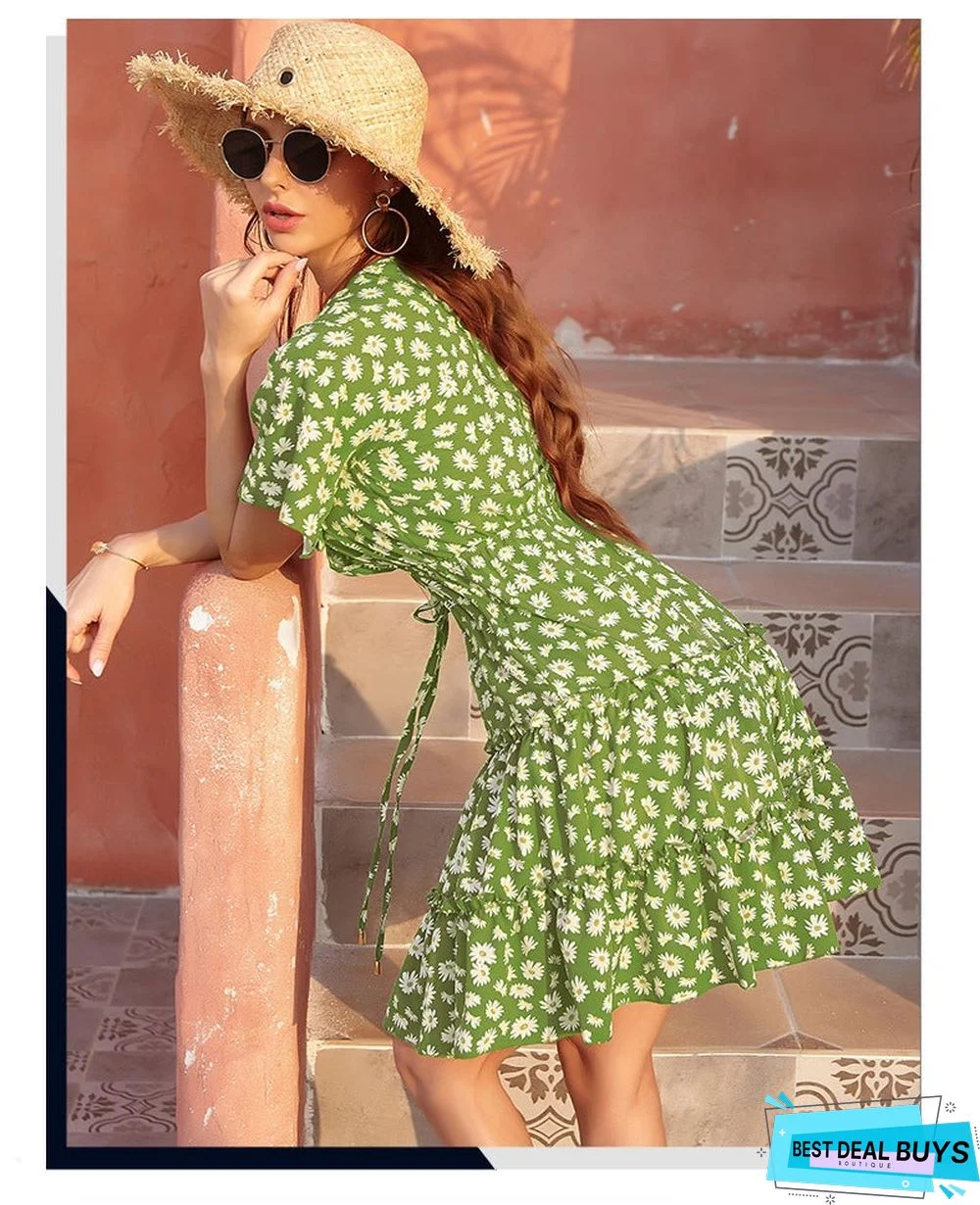 Women's Chiffon V-Neck Lace Up Dress Casual