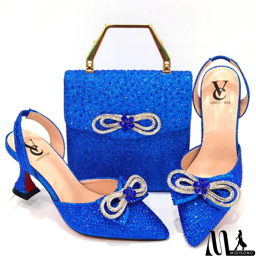 MidiSono - Women Fashion Pointed Toe Rhinestone High Heel Sandals With Evening Bag Set