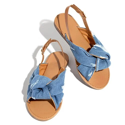 Women Leopard Sandals Summer Bowtie Ladies Ankle Strap Buckle Round Toe Denim Flat Female  2020 Footwear Plus Size
