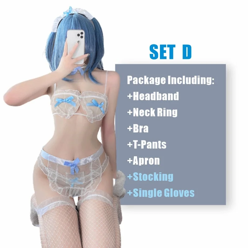 OJBK Sexy Kawaii Maid Cosplay Three Point Transparent Uniform Lingerie Lace Underwear Suit With Apron Maid Erotic Outfit 2022New