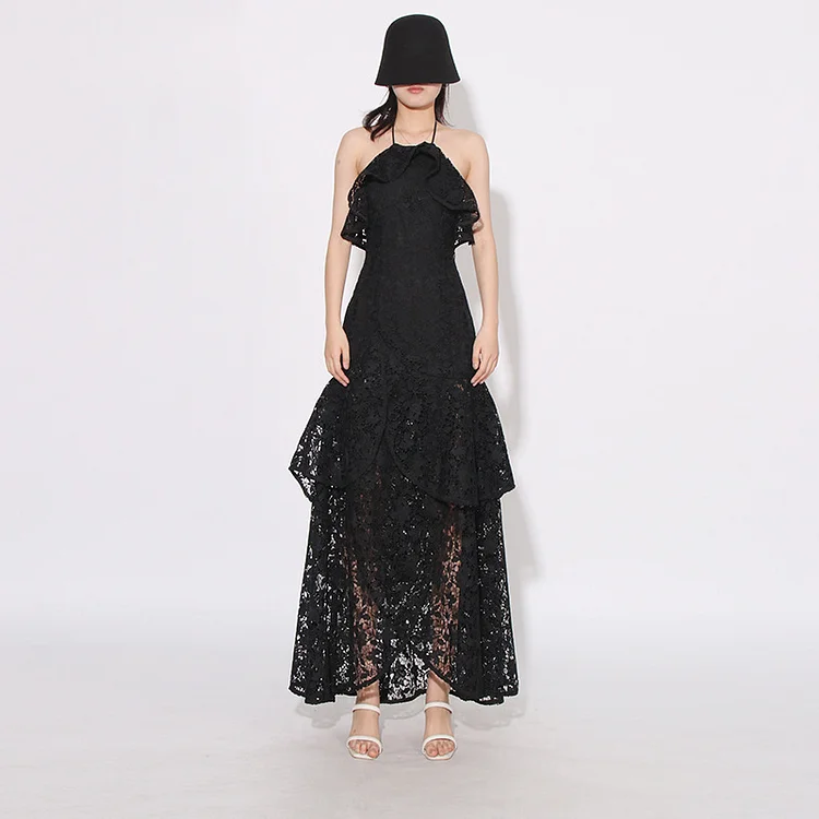 Lace Design Embroidered Hanging Neck Sleeveless Maxi Dress