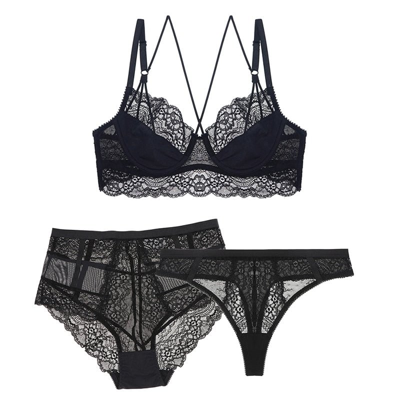 Varsbaby sexy unlined 3/4 cup underwear floral lace 3 pcs bras+high-waist panties+thongs for ladies