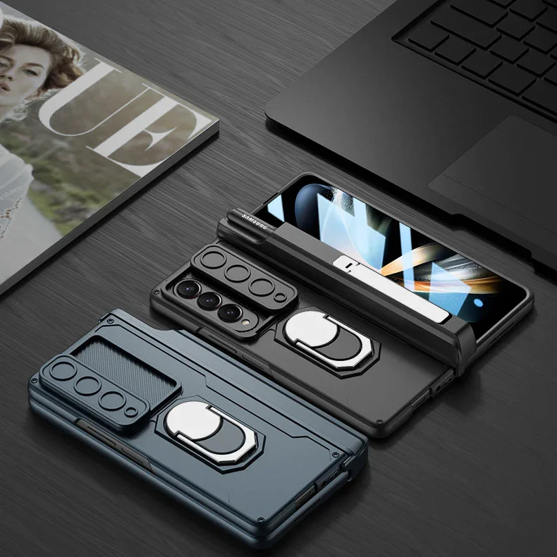 Applicable To Samsung Z Fold 3/4/5Slide Rail Lens Cover Push Window 2-In-1 Ring Holder Folding Phone Case