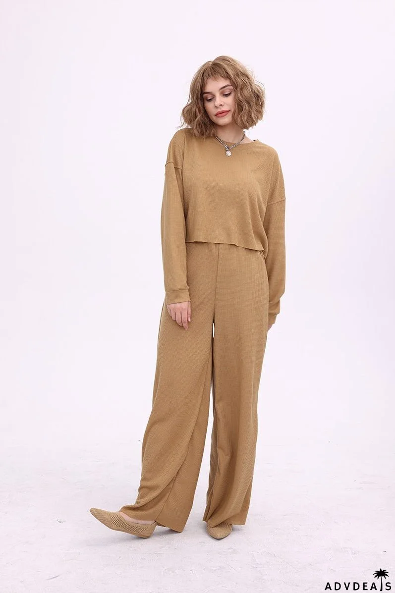 Waffle Solid Pullover Top & Knit Wide Pants