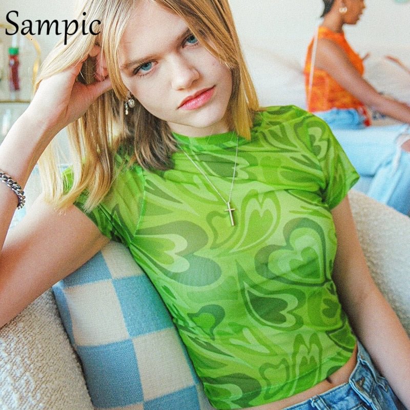 Sampic Harajuku Mesh Sexy Y2K Cropped T Shirt Tops 2021 Women Basic Club Skinny Sweet Love Print Chic Short Sleeve Mini T Shirt