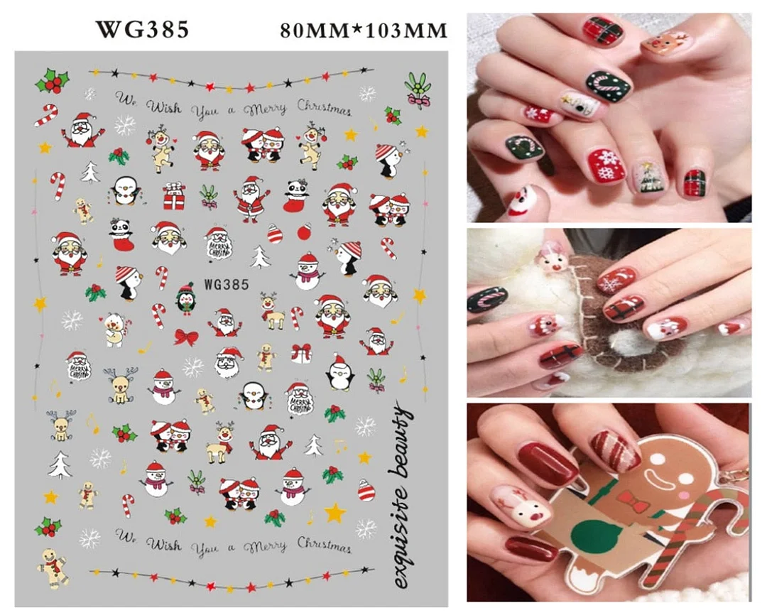 Merry Christmas 3D Nails Sticker Winter Cute Cartoon Sliders Snowflake Elk Xmas Tree Decal UV Gel Polisn Manicures Foils Decor-Nail Inspo