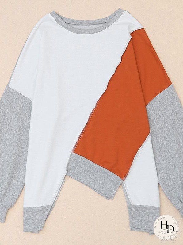 Knit Sweatshirt With Irregular Color Blocking - Women'S Loose Fit Long Sleeve Top