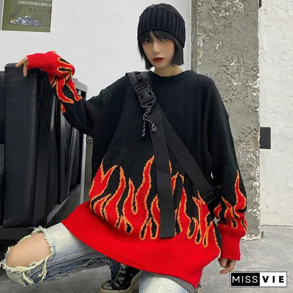 Chic Colorblock Knit Flame Print Sweater
