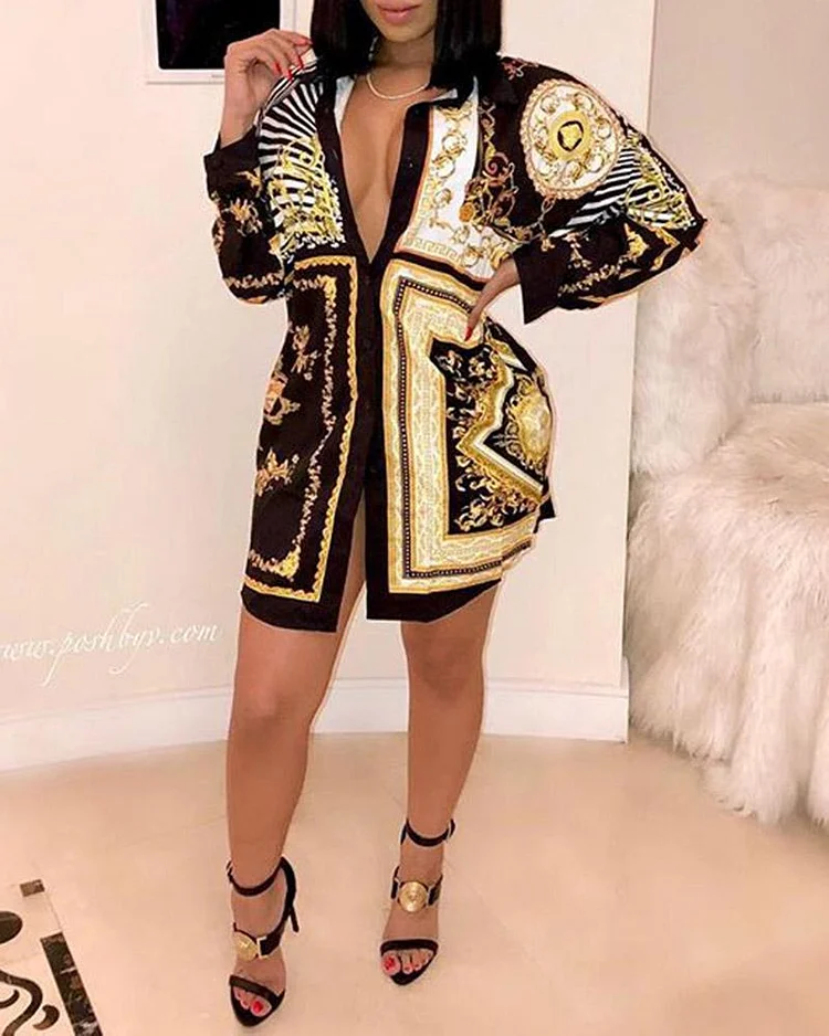 Digital printed loose shirt dress