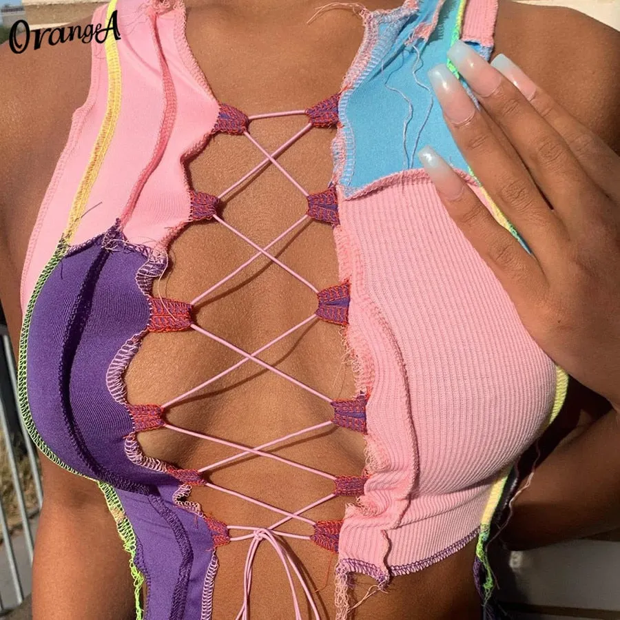 OrangeA Women Ribbed Sexy Hollow Out Clubwear Y2K Top Striped Patchwork Stretchy Bandage Drawstring Sleeveless Party Streetwear