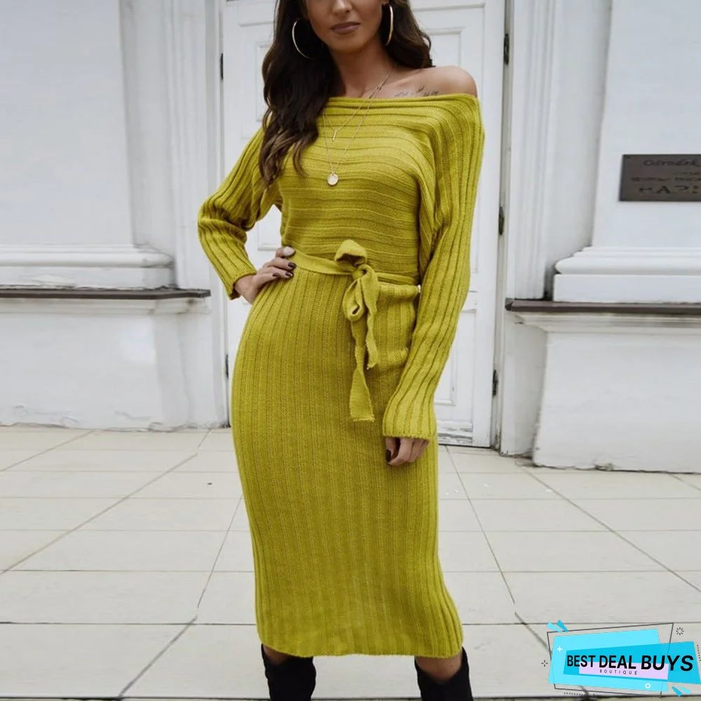 New Fashion Women's Shoulder Sweater Dress In Autumn and Winter Black Dresses