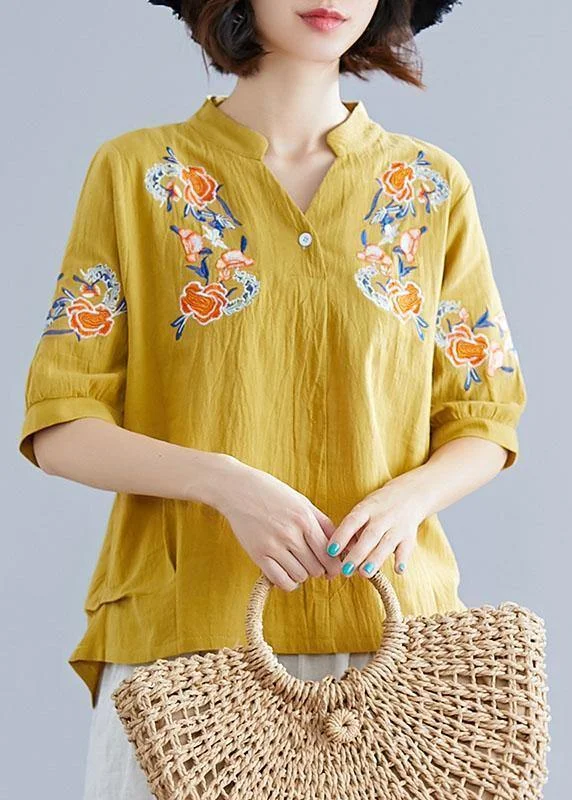 Women yellow embroidery linen cotton Blouse Sewing v neck summer top