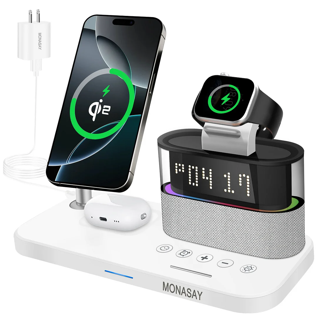 MONASAY Qi2 5 in 1 Wireless Charging Station, 23W Charging Dock with Alarm Clock & Night Light, Magnetic Charger Stand for iPhone 16/15/14/13/12 Series and AirPods, Apple Watch Series