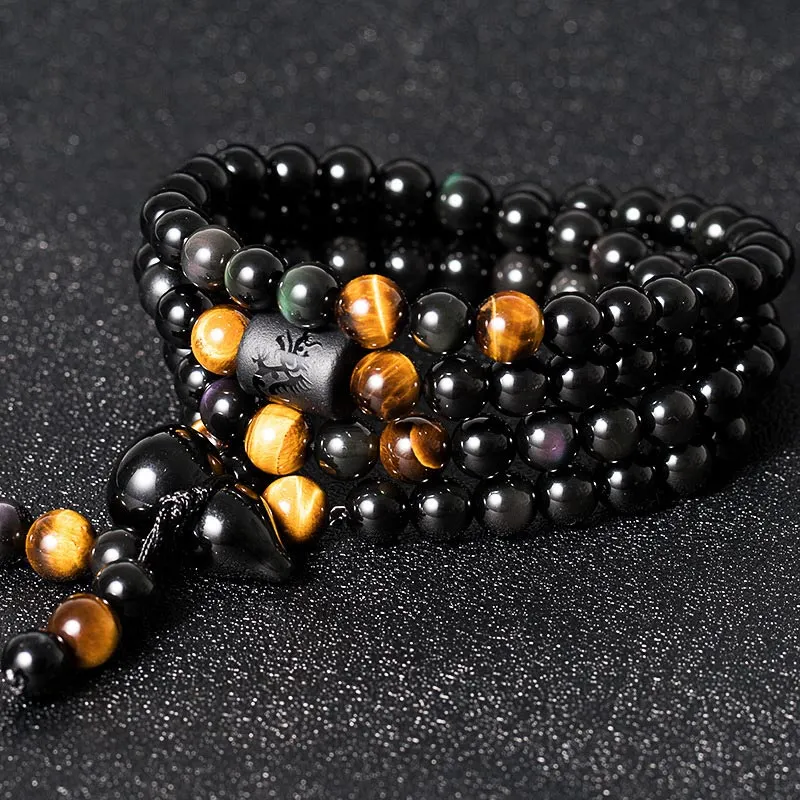 Natural Black Obsidian Rainbow Obsidian Gourd Blessing Bracelet Necklace Mala