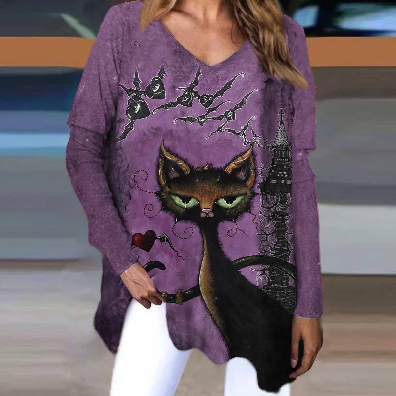 Halloween Cat Bat V-neck Long-sleeved T-shirt