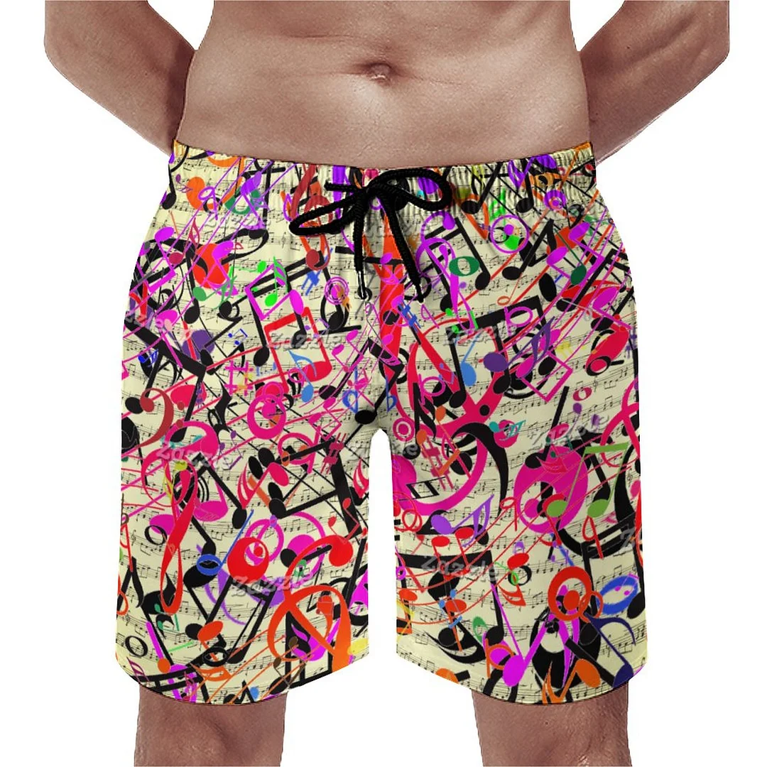 Alternative Crazy Musical Notes Graffiti Men's Swim Trunks Summer Board Shorts Quick Dry Beach Short with Pockets