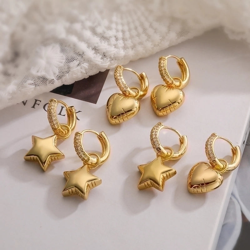 1 Pair Minimalist Commute Star Heart Shape Plating Inlay Copper Zircon 18k Gold Plated Drop Earrings