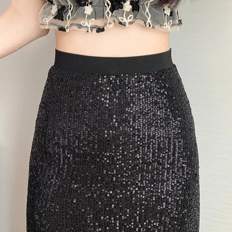 Huibahe Women Korean Style Sequin Pencil Skirt Vintage Sexy Elastic Waist Party Long Hip Skirt QT2177