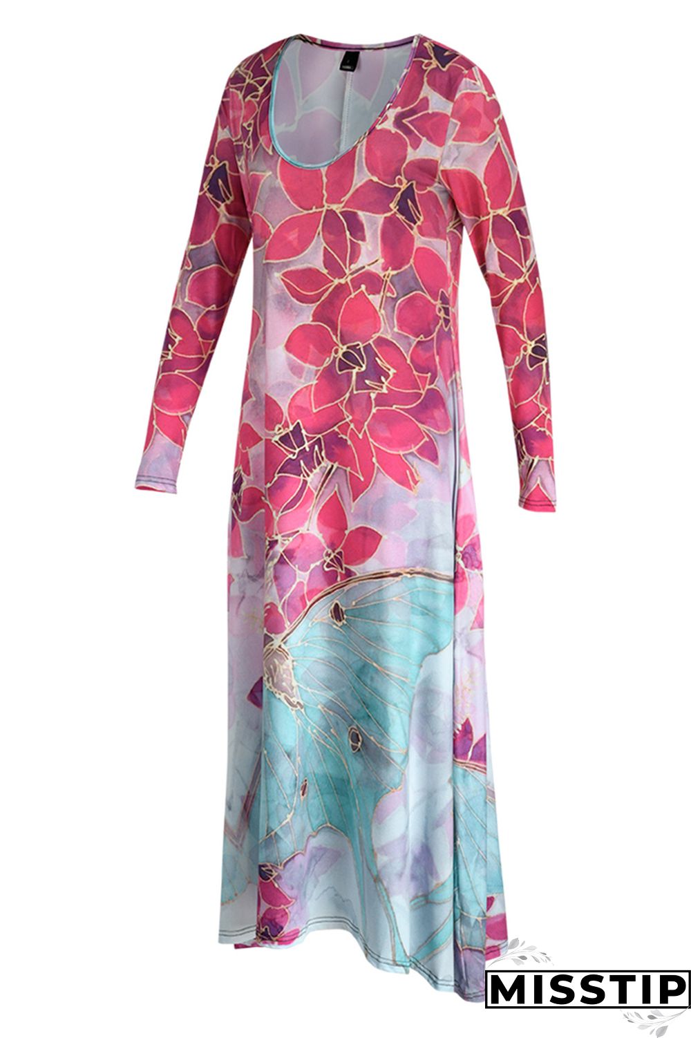 Cyan Fashion Casual Print Patchwork V Neck Long Sleeve Dresses