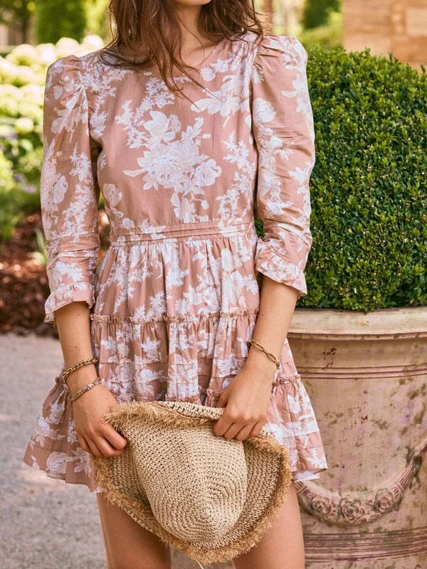 Printing puff sleeve dress