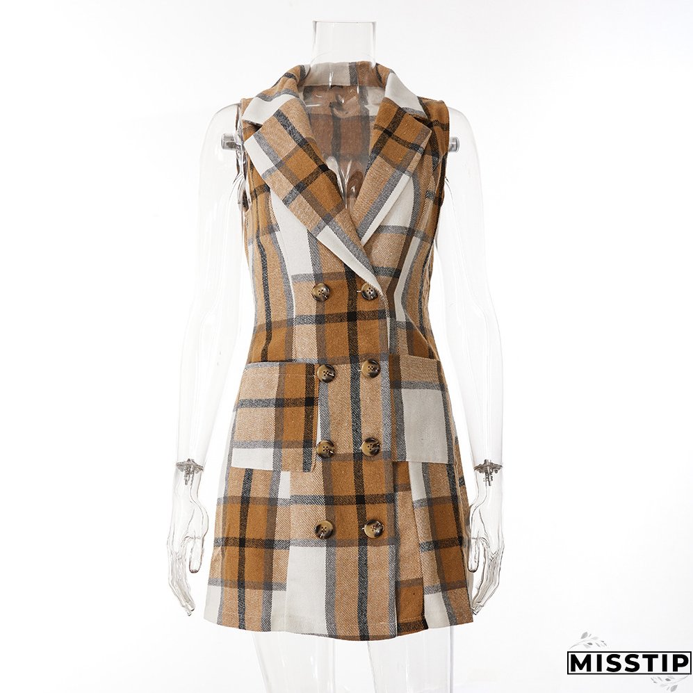 Women's Fashion Plaid Long Vest Turndown Collar Sleeveless Blazer