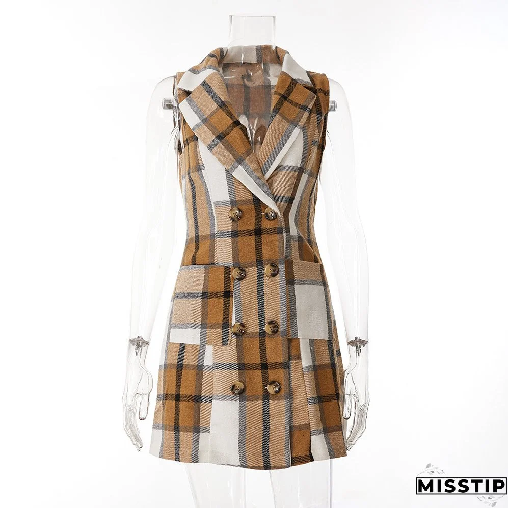 Women's Fashion Plaid Long Vest Turndown Collar Sleeveless Blazer