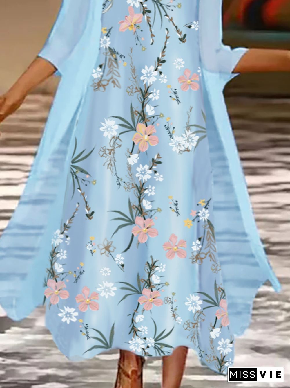 Three Quarter Sleeves Floral Printed Loosen Weaving Dress Suits