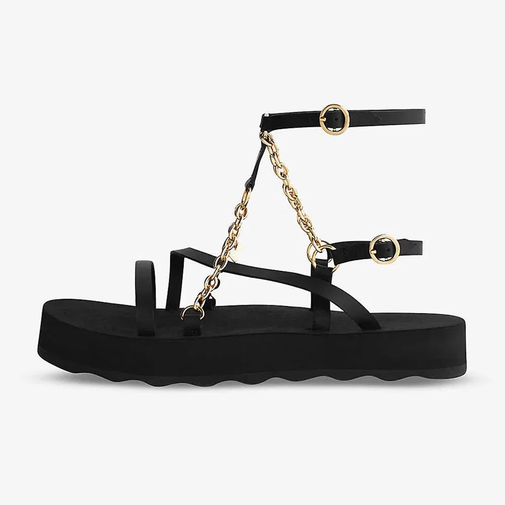 Stylish Open-Toe Chain Strappy Wedge Heel Black Platform Sandals