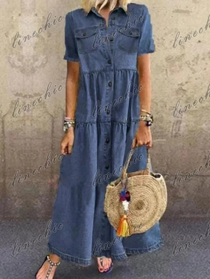 Women Short Sleeve Shirt Denim Maxi Dress