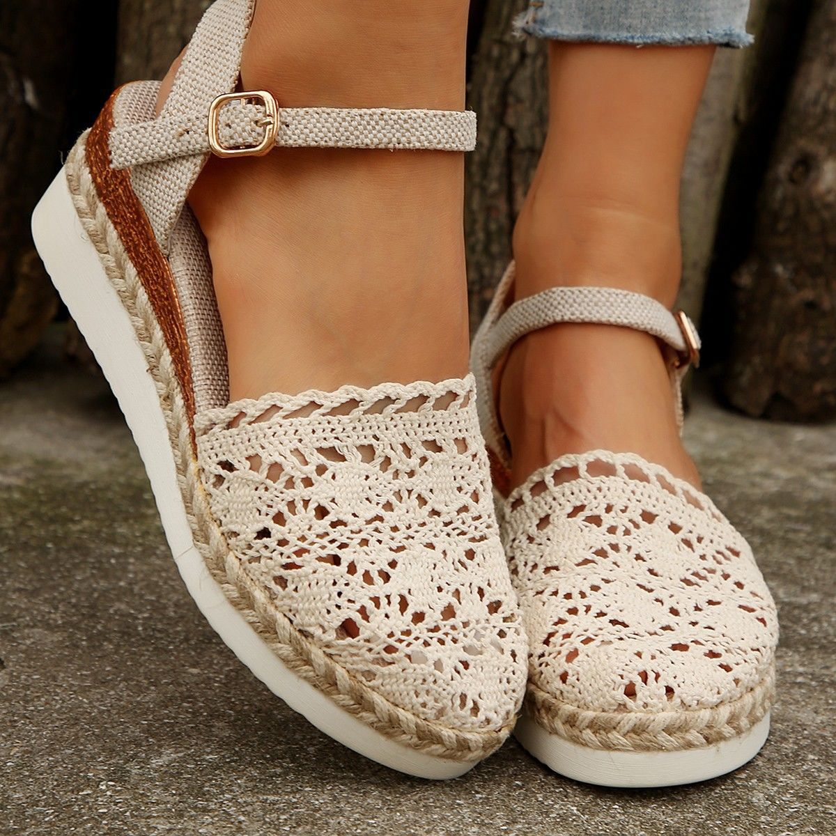 Boho Beige Crochet Closed Toe Ankle Strap Espadrille Wedge Heel Sandals 2024 - Flycurvy 