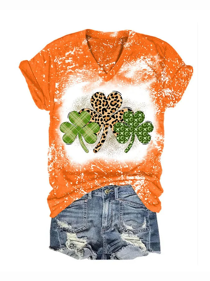 Women's St Patrick's Day Tie Dye Clover Leopard Print Short Sleeve T-Shirt socialshop