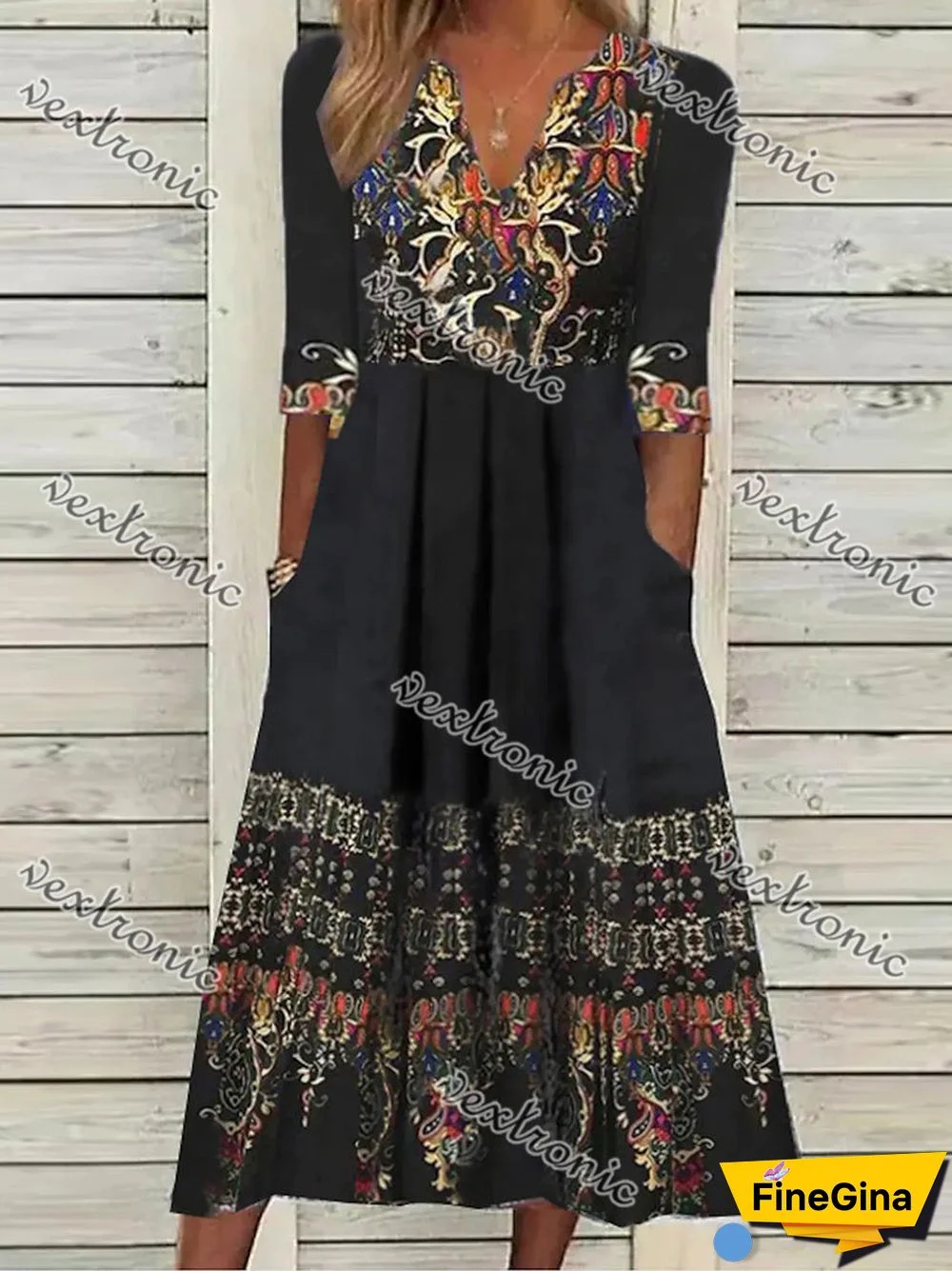 Women's Black V-neck Half Sleeve Graphic Pockets Midi Dress