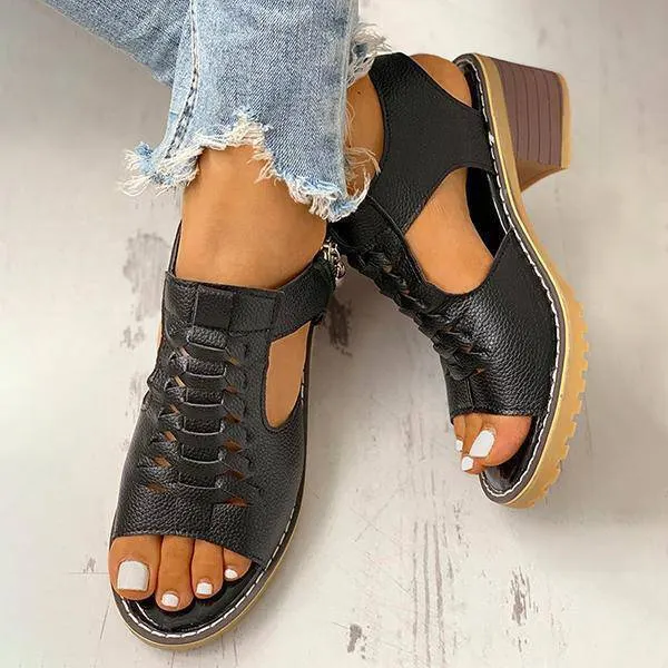Libiyi Peep Toe Cutout Zipper Chunky Heeled Sandals （get free shipping）