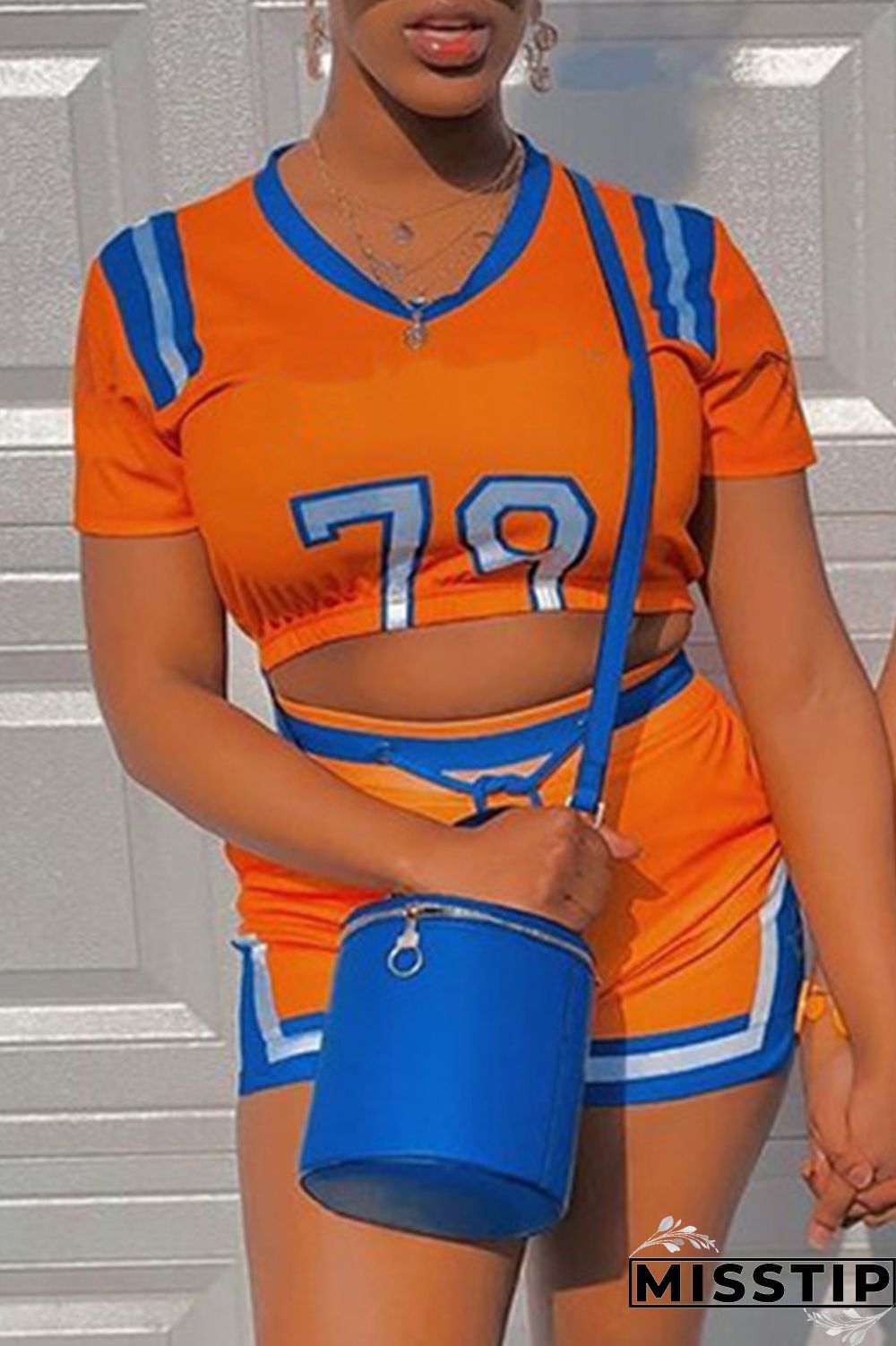 Orange Fashion Sportswear Print Patchwork Short Sleeve Two Pieces