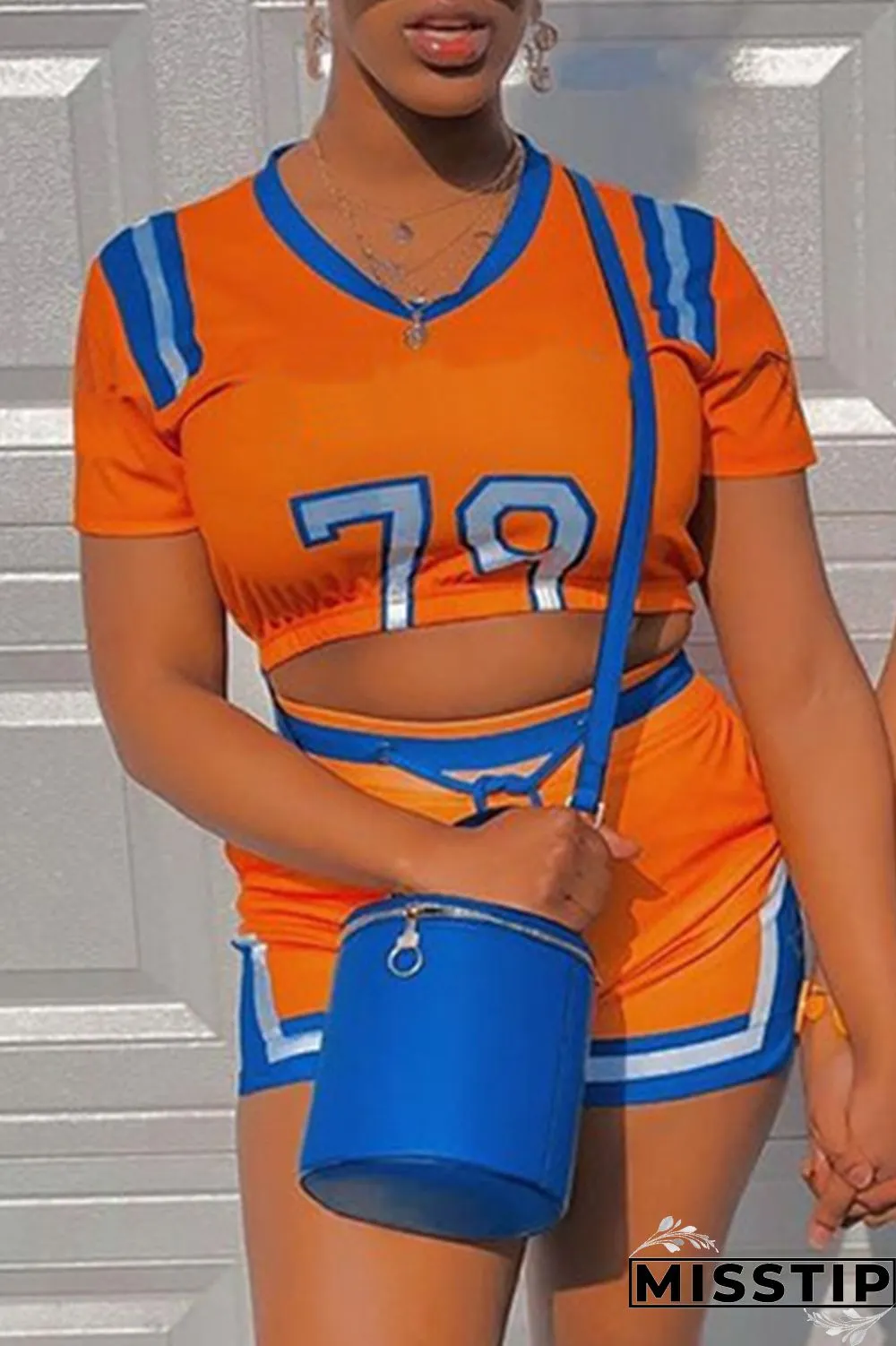 Orange Fashion Sportswear Print Patchwork Short Sleeve Two Pieces