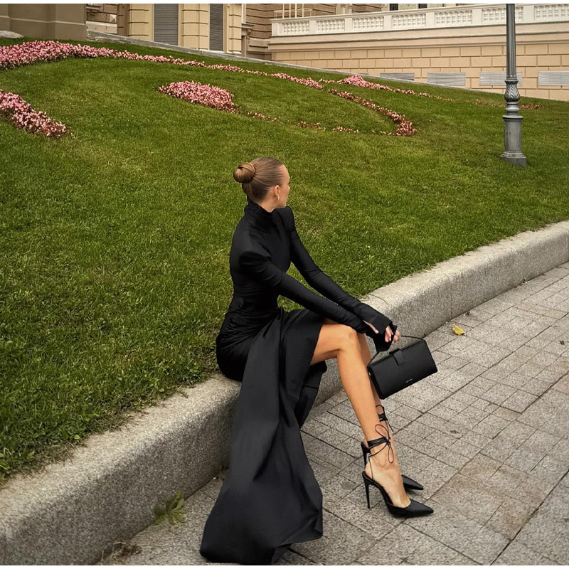 Elegant Black High Neck Bodycon Maxi Dresses Sexy O-neck Long Sleeve Shoulder Pad Lace Up Vestidos 2024 Autumn Lady Party Robes 11 Elegant Black High Neck Bodycon Maxi Dresses Sexy O-neck Long Sleeve Shoulder Pad Lace Up Vestidos 2024 Autumn Lady Party Robes