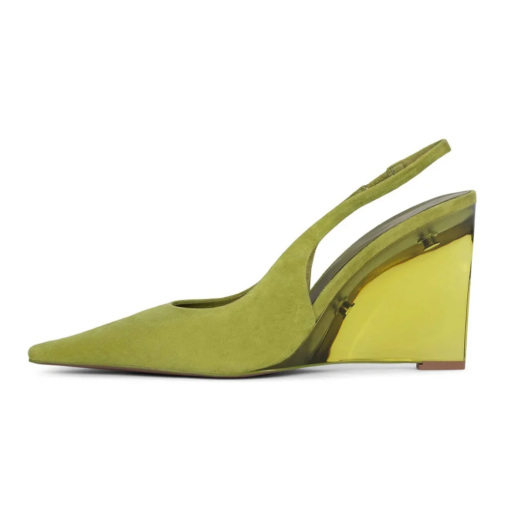 Lime Green Pointed Toe Slingback Wedge High Heel Pumps for Women