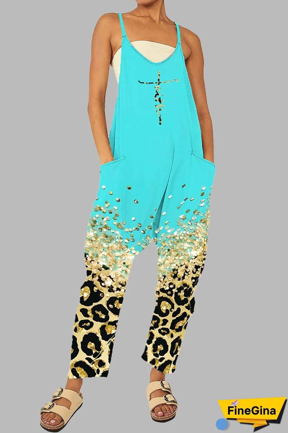 Black khaki Casual Gradual Change Print Patchwork Pocket Zipper Spaghetti Strap Loose Jumpsuits