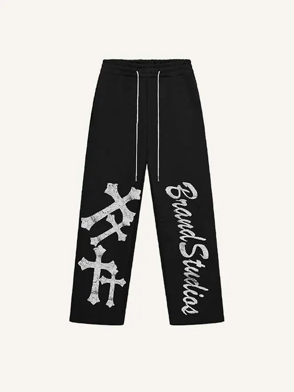 Letter&Cross Print Elastic Waist Pants