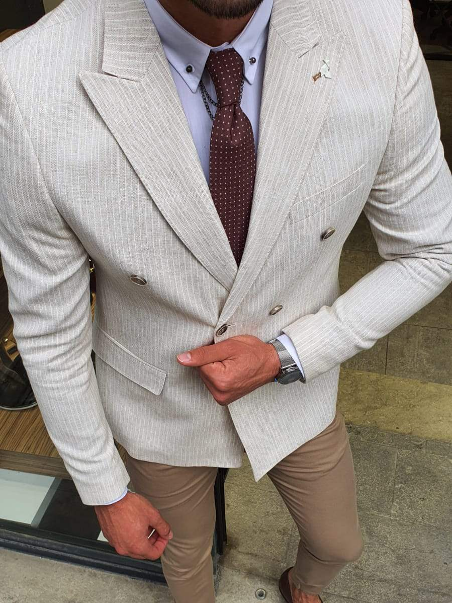 Ash Slim Fit Striped Cotton Double Breasted Beige Blazer Only