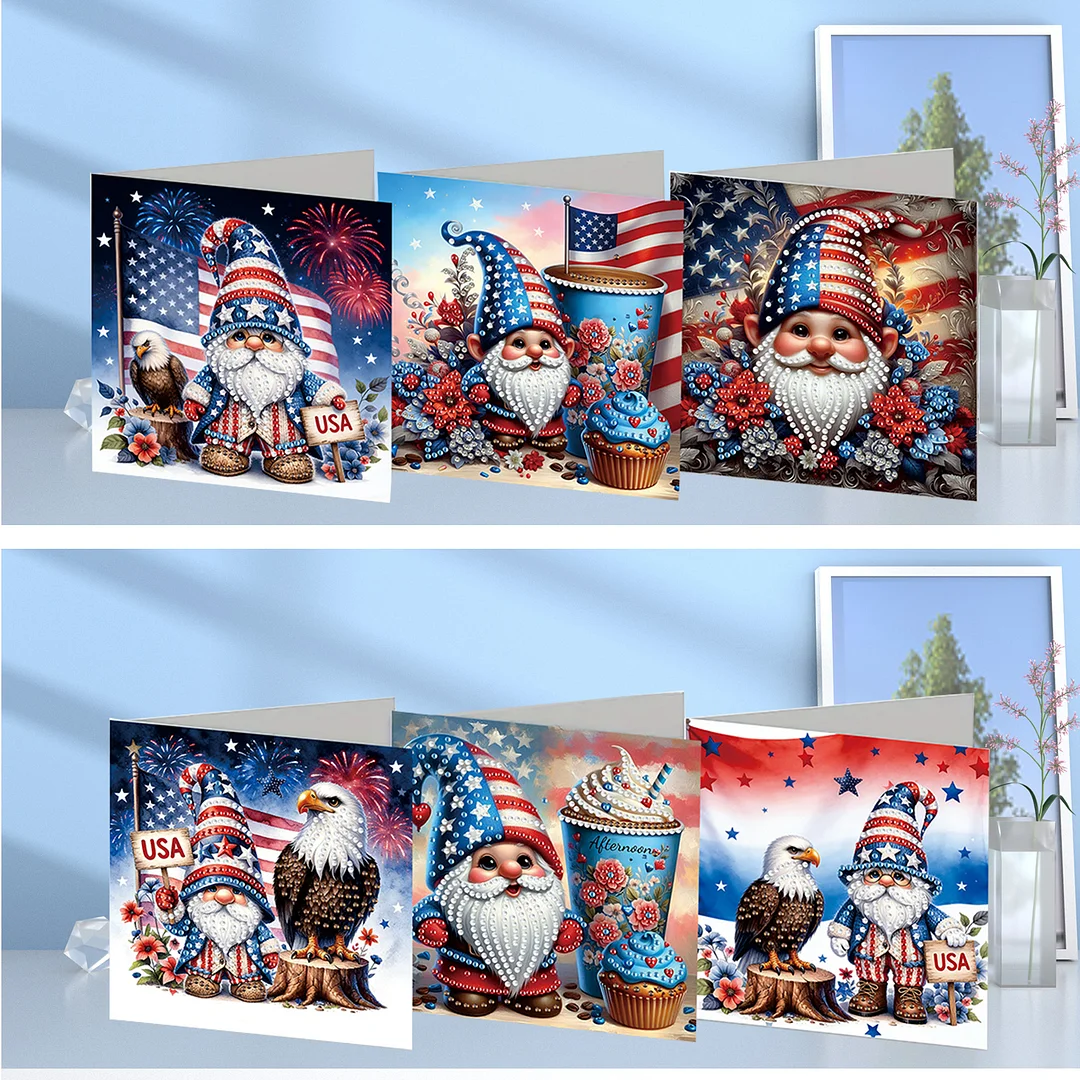 6pcs Independence Day Goblin DIY Diamond Painting Kit Greeting Card with Envelope Diamond Art Painting Greeting Cards for Family Friends Holiday Gift Congratulations