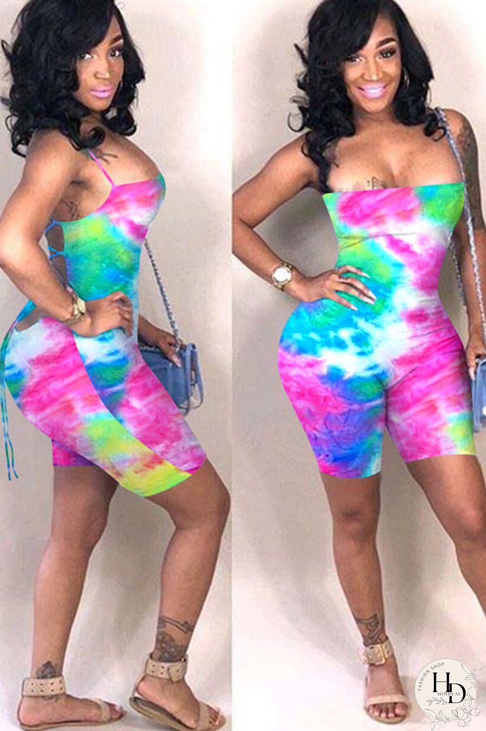Green Fashion Sexy Coloured drawing Backless Polyester Sleeveless Slip Jumpsuits