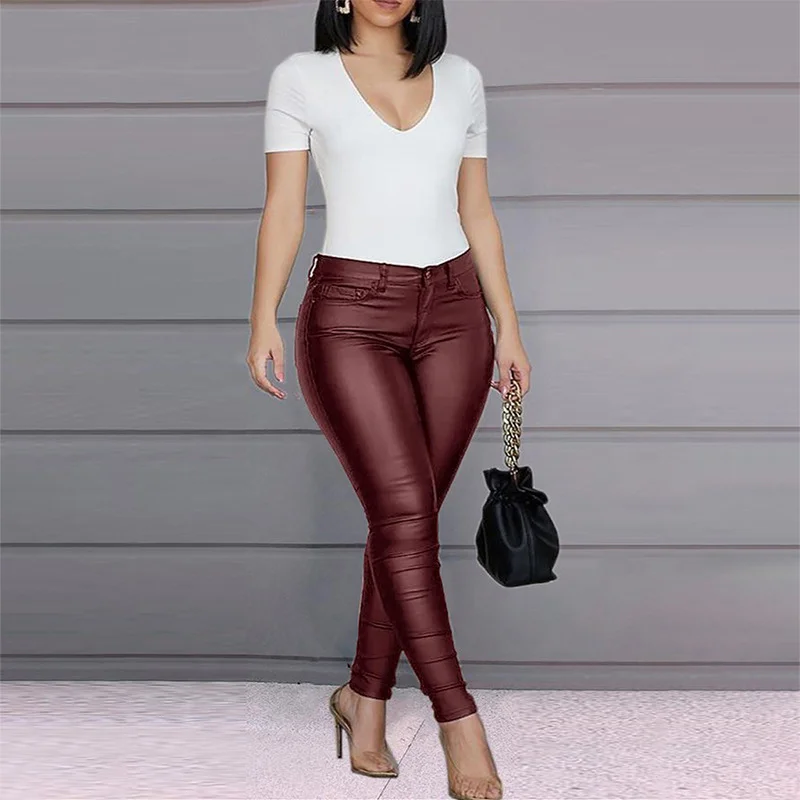 Nigikala Nigikala Women's Pants Solid Color PU Leather Pants Sexy Small Foot Pants Spicy Trousers High Waist Thin