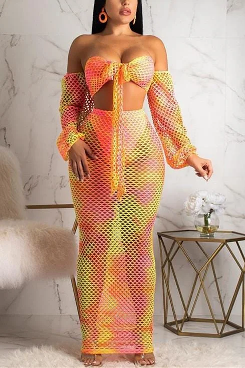 Fashion Sexy Print Mesh Skirt Suit