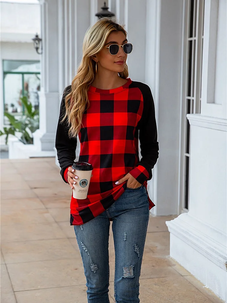 Plaid O-Neck Splicing Cardigan Women's Sweatshirt