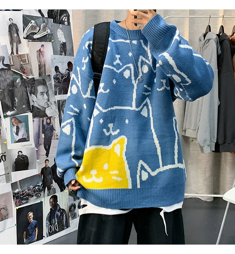 Aonga Japanese Vintage Sweater Men 2023 Autumn Winter New Cartoon Loose Knitted Sweater Hip Hop Streetwear Knitwear Pullovers