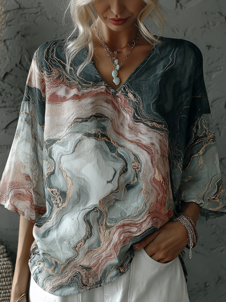 VChics Vintage Marble Texture Collection Bohemia Women Style Gradient Gilded Pattern Linen T-shirt