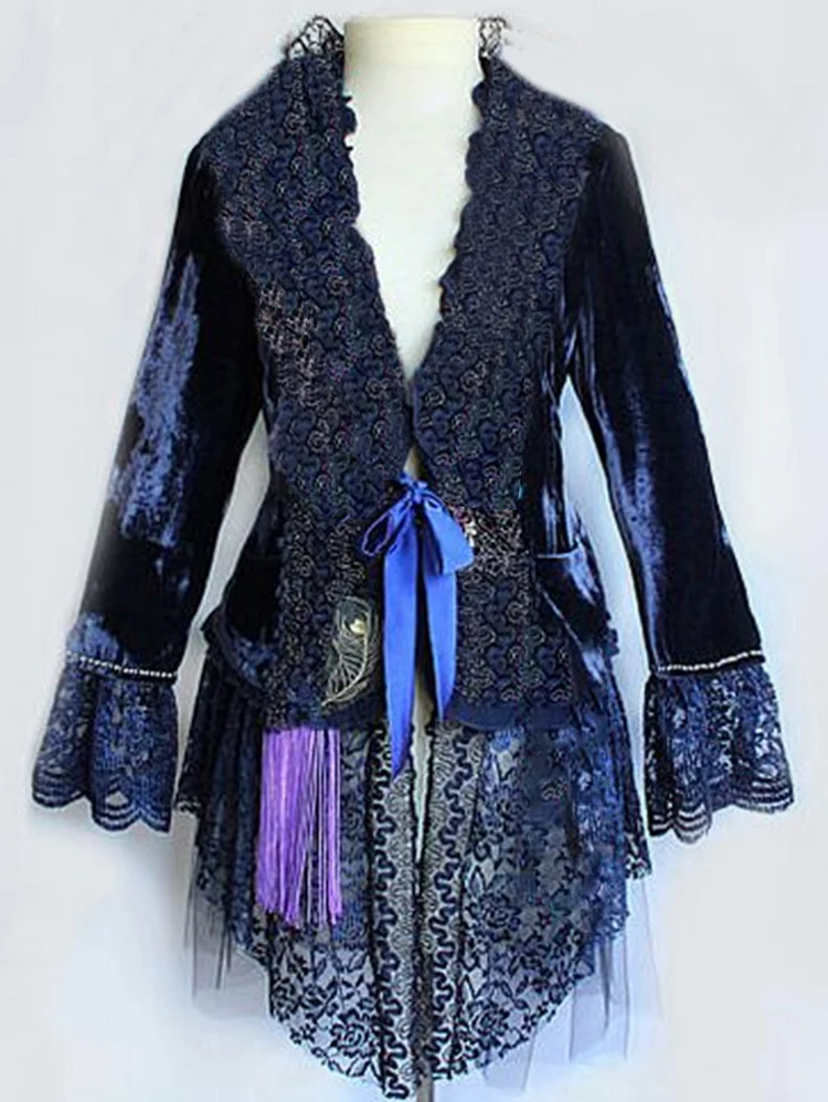 Vintage Sheer Patchwork Guipure Lace Bowknot Velvet Asymmetric Jacket