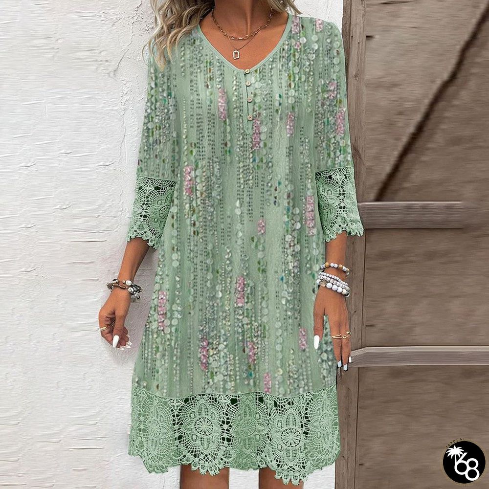 Green 3/4 Sleeve Print Mini Dress | 168DEAL