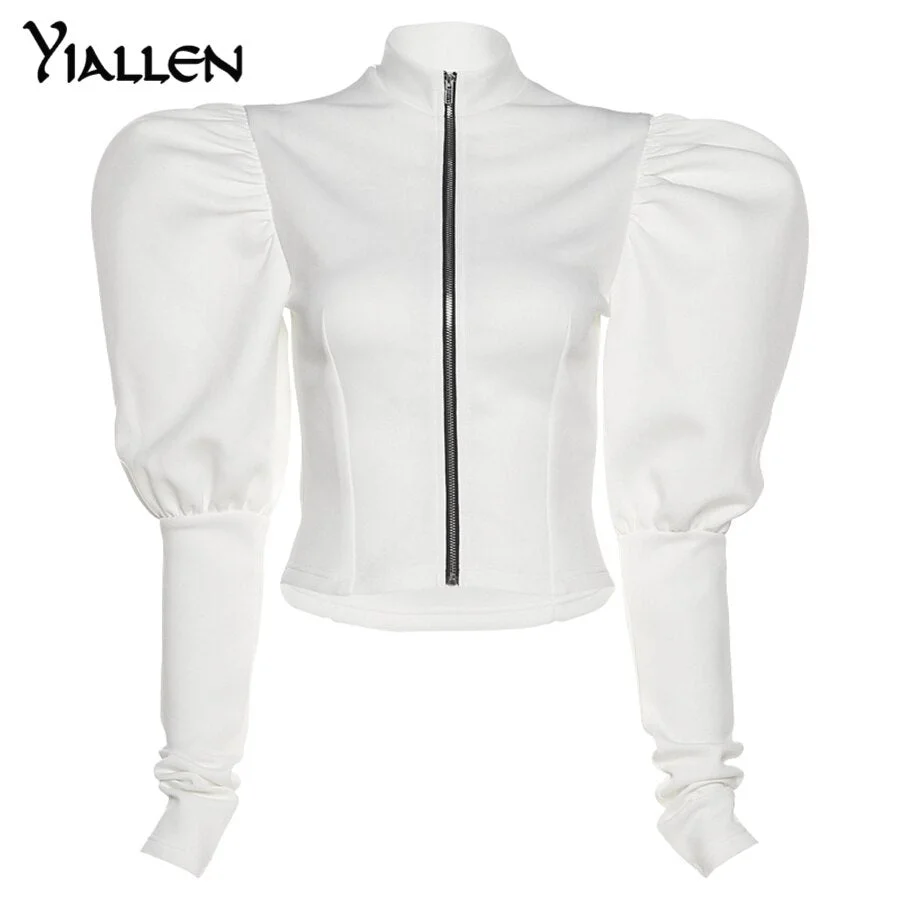 Yiallen Autumn Casual Elegant Puff Sleeve Zipper Slim Jacket Women Skinny Wild Office Lady Coat Y2K Top High Street Clothing